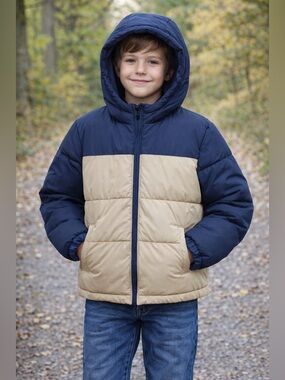 Old Navy Boys M 8 Puffer Jacket Hooded Blue Tan Colorblock Winter Coat